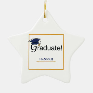 Congratulations Graduate, Hat, Tassel, Blue, Gold Ceramic Ornament