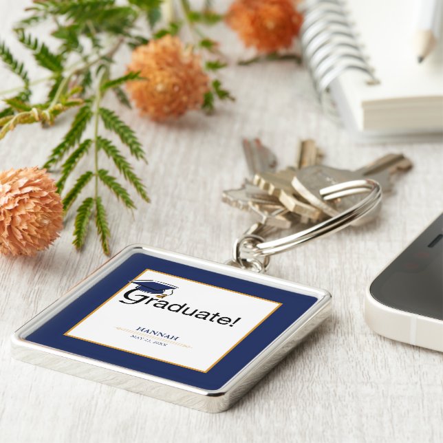 Congratulations Graduate, Hat, Tassel, Blue, Gold Keychain (Side)