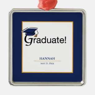 Congratulations Graduate, Hat, Tassel, Blue, Gold Metal Ornament