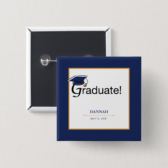 Congratulations Graduate, Hat, Tassel, Blue, Gold Pinback Button (Front & Back)