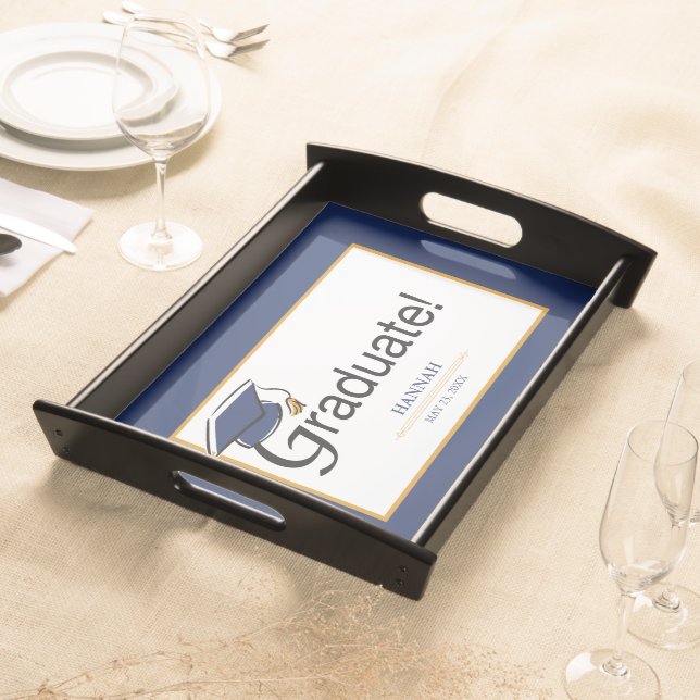 Congratulations Graduate, Hat, Tassel, Blue, Gold Serving Tray (Front)