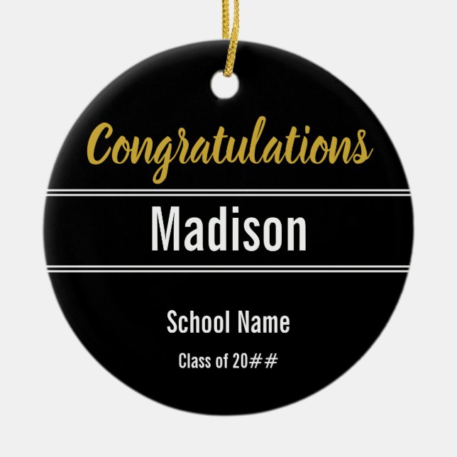 Congratulations Graduate Name Black White and Gold Ceramic Ornament (Front)