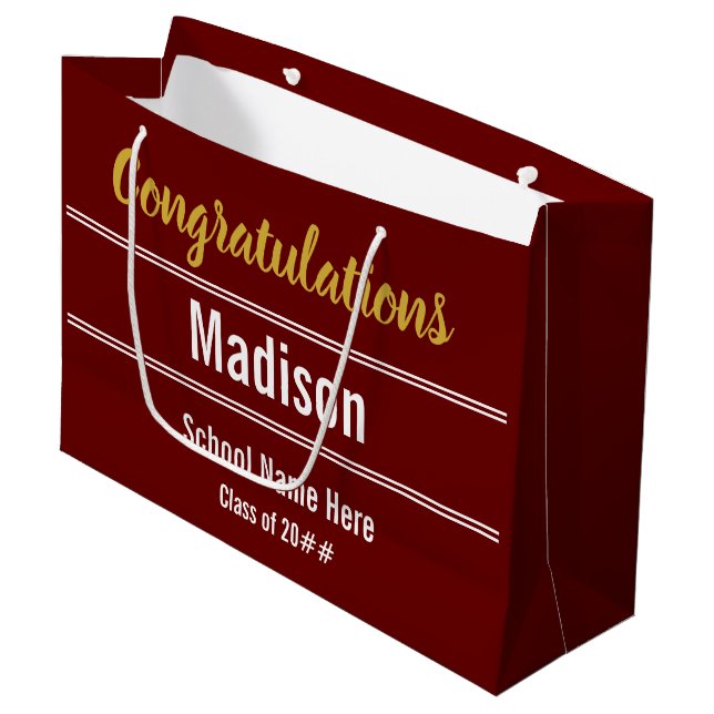 Congratulations Graduate Name Dark Red Graduation Large Gift Bag (Front Angled)