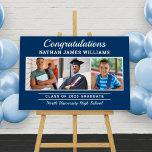 Congratulations Graduate Navy 3 Photo Graduation Foam Board<br><div class="desc">Classic 3 photo graduation party foam core display sign features "Congratulations" in stylish white calligraphy script with modern custom text that can be fully customized with the graduate's full name, class year, and school name. Add three favorite photos of the graduate to the square placeholder images. Navy blue background color...</div>