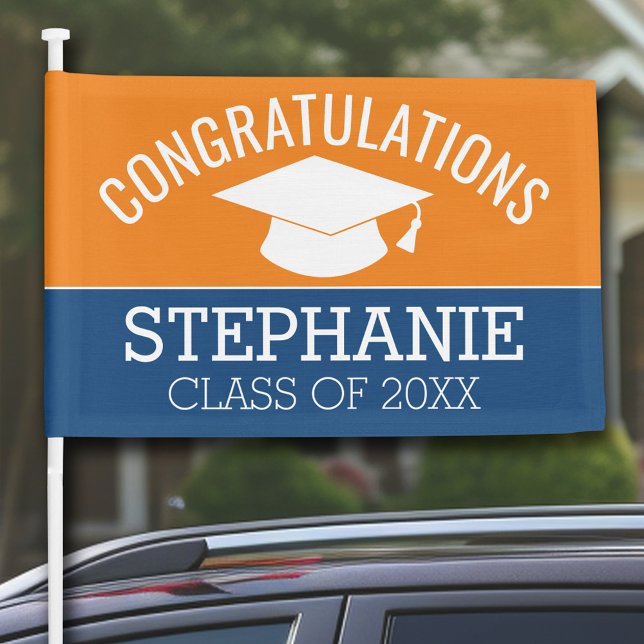 Congratulations Graduate Orange Blue Graduation Car Flag (Personalized Graduation Car Flag)
