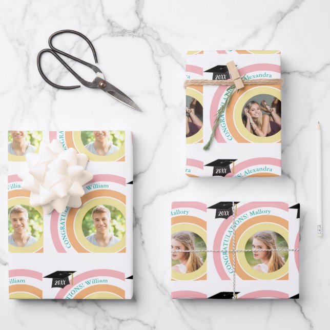 Congratulations Graduate Photo Pink and Orange Wrapping Paper Sheets (Front)