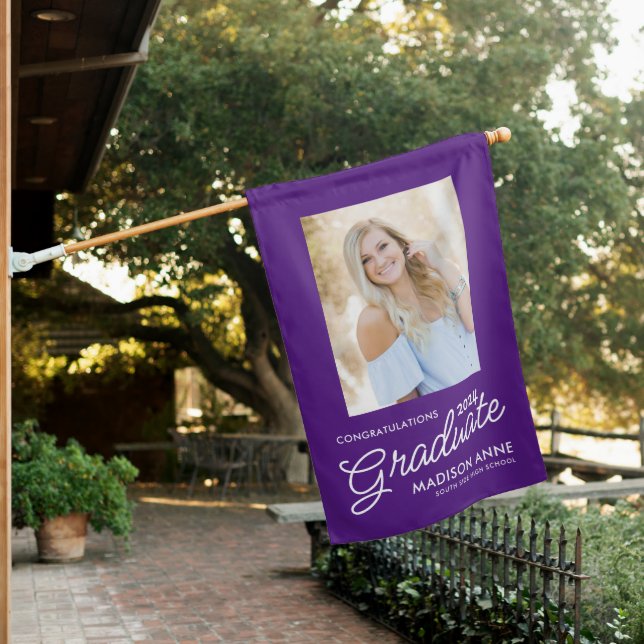 Congratulations Graduate Photo Purple House Flag (In SItu)