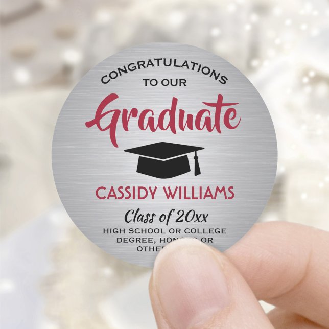 Congratulations Graduate Red and Gray Graduation Classic Round Sticker (Creator Uploaded)