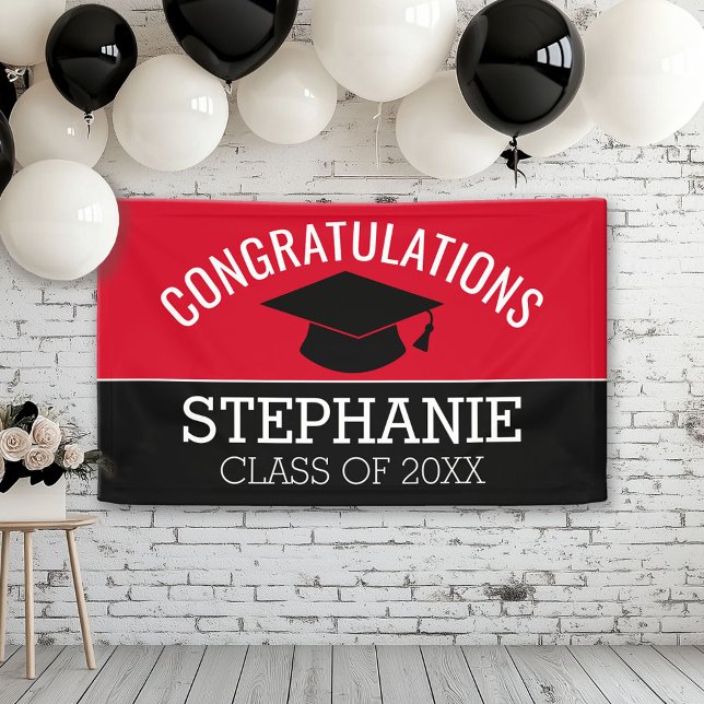 Congratulations Graduate - Red Black Graduation Banner (Custom Graduation Banner for a Grad Party or Open House)