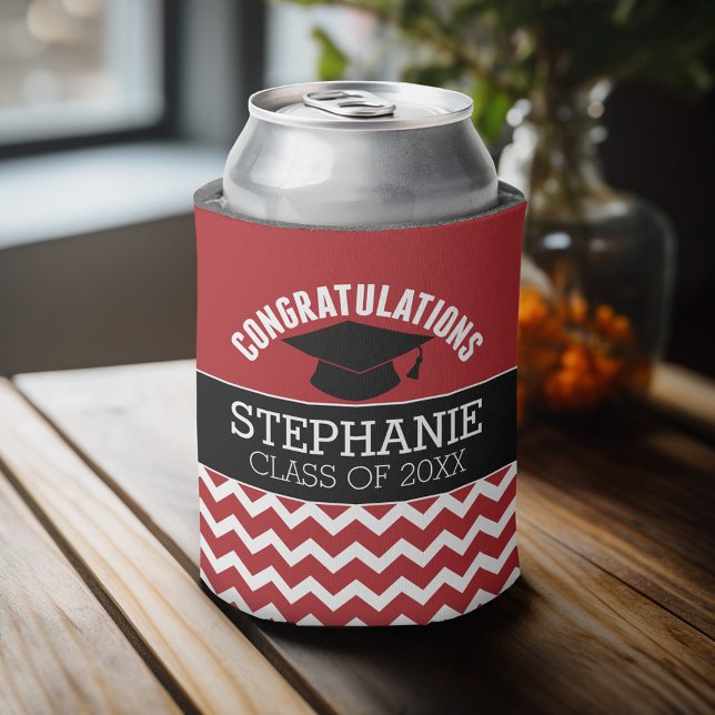 Congratulations Graduate - Red Black Graduation Can Cooler (Personalized can cooler - congratulations to the graduate)