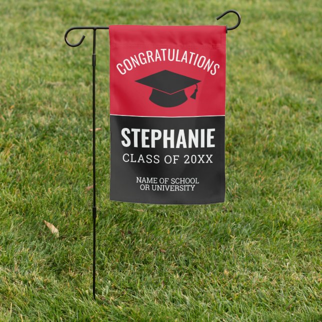 Congratulations Graduate -- Red Black Graduation Garden Flag (In SItu)