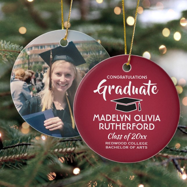 Congratulations Graduate Red Graduation Photo Ceramic Ornament (Creator Uploaded)