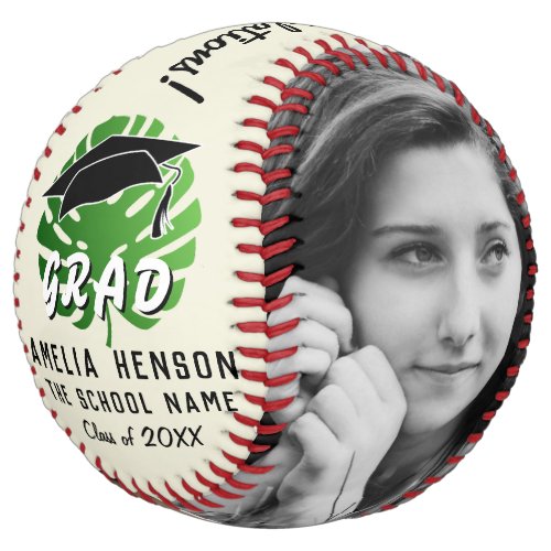 Congratulations Graduate Tropical Leaf 2 Photo Softball - Congratulations Graduate Tropical Monstera Leaf 2 Photo Softball. Black graduate cap and green tropical monstera leaf. This custom and personalized softball is a perfect gift for a graduate. Personalize it with your photo, graduate name, school name and year number. You can change any text on the softball.