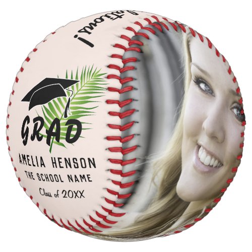 Congratulations Graduate Tropical Leaf Photo  Softball - Congratulations Graduate Tropical Leaf Photo Softball. Black graduate cap and green tropical leaf. This custom and personalized softball is a perfect gift for a graduate. Personalize it with your photo, graduate name, school name and year number. You can change any text on the softball.