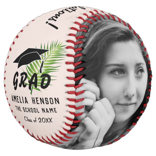 Congratulations Graduate Tropical Leaf Photo  Softball - Congratulations Graduate Tropical Leaf 2 Photos Softball. Black graduate cap and green tropical leaf. This custom and personalized softball is a perfect gift for a graduate. Personalize it with your photos, graduate name, school name and year number. You can change any text on the softball.