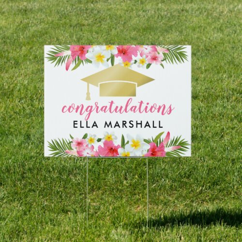 Congratulations Graduate Tropical Pink Gold Floral Sign