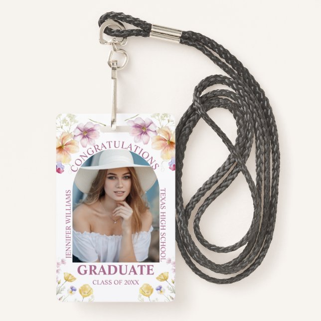 congratulations graduate watercolor floral photo  badge (Front with Lanyard)