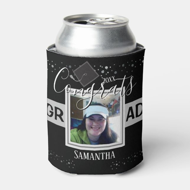 Congratulations Graduation Black Confetti Can Cooler (Can Front)