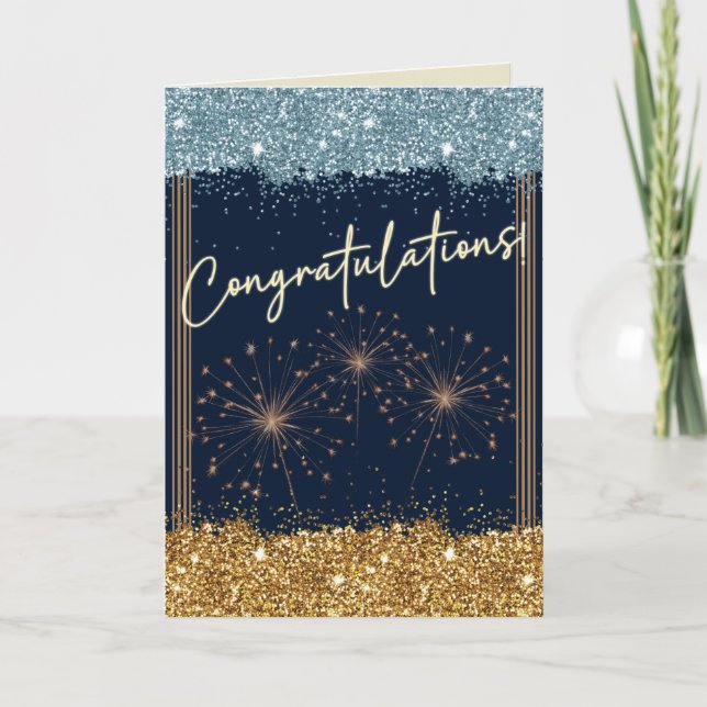 Congratulations Graduation Blue and Gold Sparkle Card (Front)