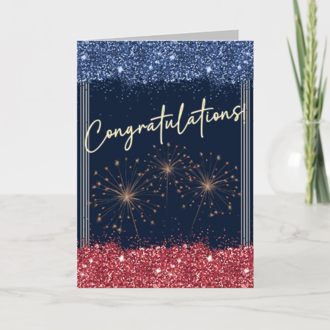 Congratulations Graduation Blue & Red Sparkle Card (Front)