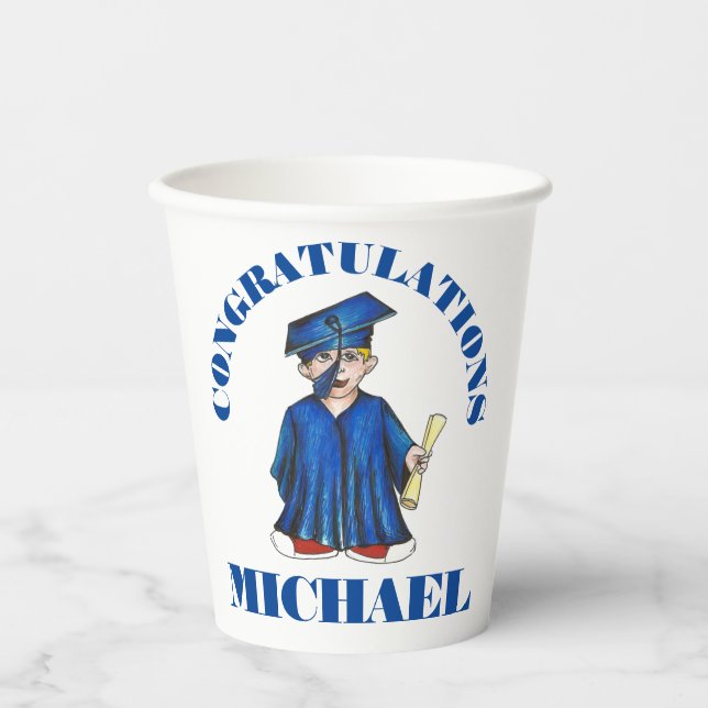 Congratulations Graduation Boy Graduate Cap Gown Paper Cups (Front)