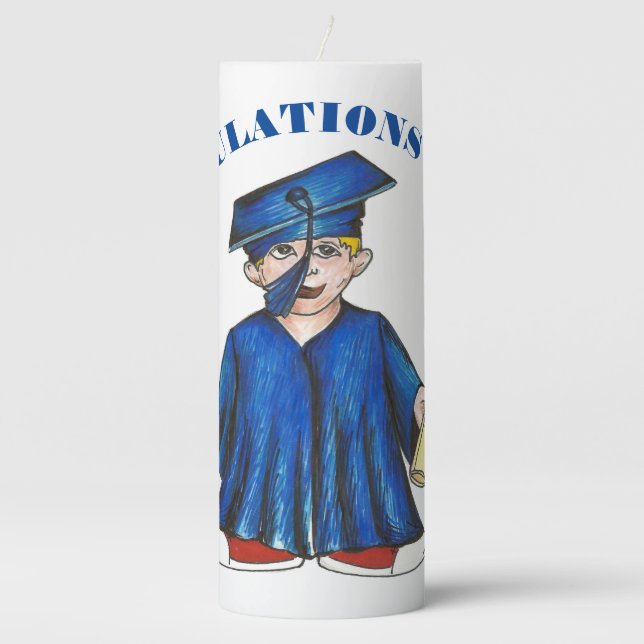 Congratulations Graduation Boy Graduate Cap Gown Pillar Candle (Front)