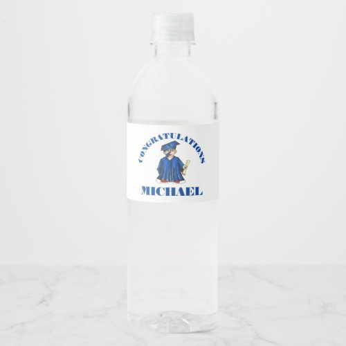 Congratulations Graduation Boy Graduate Cap Gown Water Bottle Label