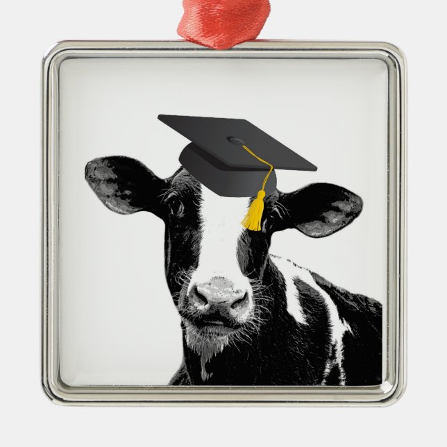 Congratulations Graduation Funny Cow in Cap Metal Ornament (Front)