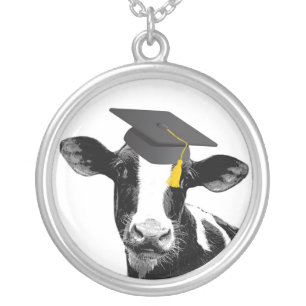 Congratulations Graduation Funny Cow in Cap Silver Plated Necklace