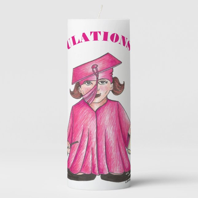 Congratulations Graduation Girl Graduate Cap Gown Pillar Candle (Front)