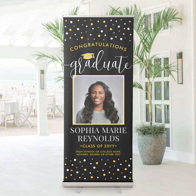 Congratulations Graduation Photo Black and Gold Retractable Banner | Zazzle