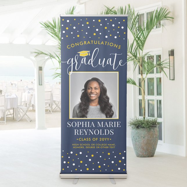 Congratulations Graduation Photo Navy Blue & Gold Retractable Banner (Creator Uploaded)
