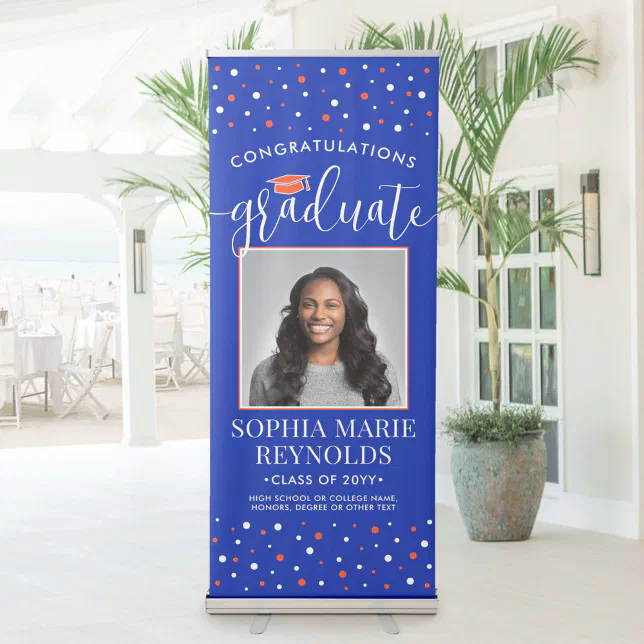 Congratulations Graduation Photo Orange and Blue Retractable Banner ...