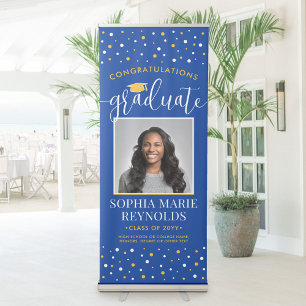 Congratulations Graduation Photo Royal Blue & Gold Retractable Banner