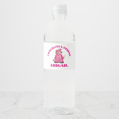 Congratulations Graduation Pink Graduate Cap Gown Water Bottle Label