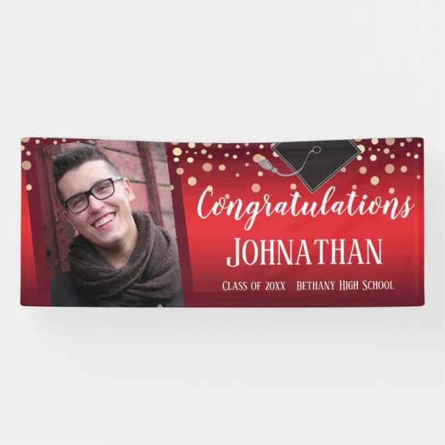 Congratulations Graduation Red with Confetti Photo Banner | Zazzle