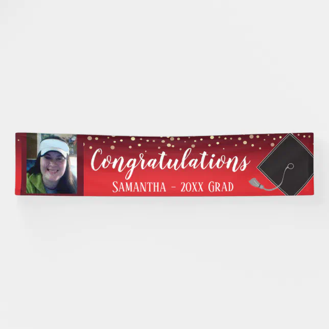 Congratulations Graduation Red with Confetti Photo Banner | Zazzle