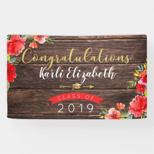 Congratulations Graduation Rustic Floral Red/Gold Banner