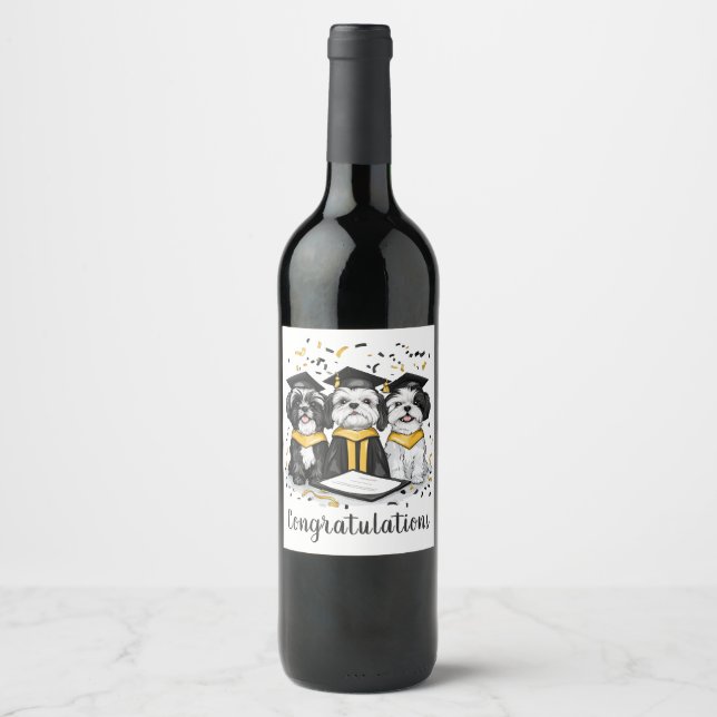 Congratulations Graduation Shih Tzu Dogs Wine Label (Front)