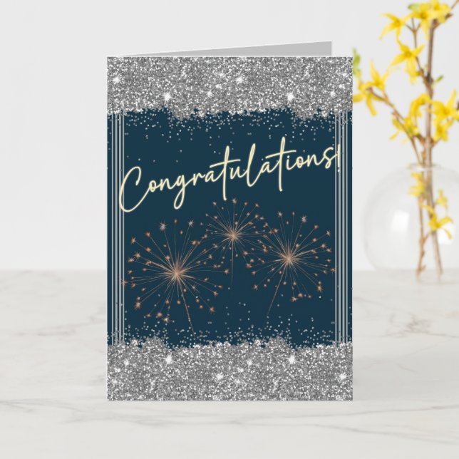 Congratulations Graduation Silver Teal Sparkle Card (Yellow Flower)