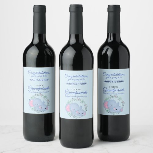 Congratulations Grandparents Elephants Baby Boy Wine Label