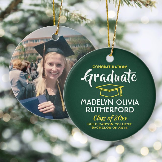 Congratulations Green and Gold Graduation Photo Ceramic Ornament (Creator Uploaded)