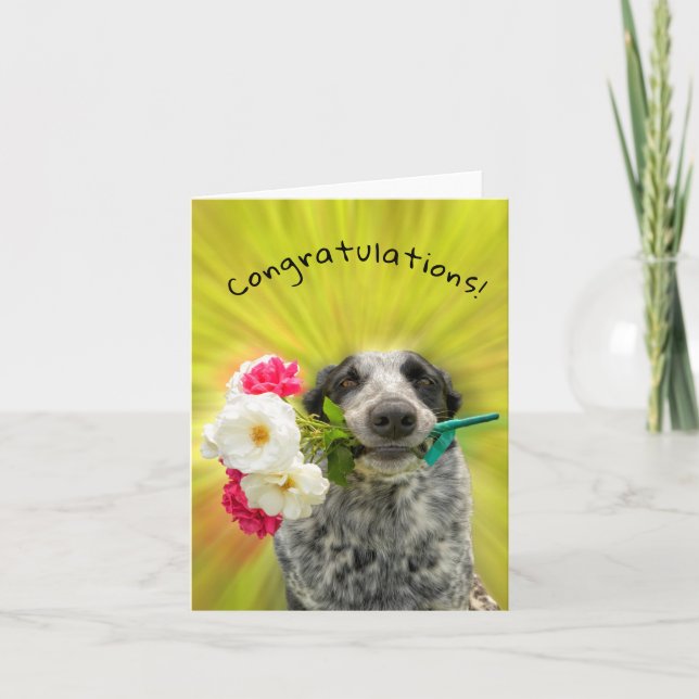 Congratulations! Happy dog with flowers Card (Front)