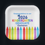 Congratulations Kindergarten Graduate Custom Party Paper Plates<br><div class="desc">This adorable 2026 kindergarten graduation party paper plate features a cool grad cap above colorful writing and a row of crayons in rainbow. Cute customizable kindergartener graduate decor in fun colors for the last day of elementary school with your kid's name personalized in blue. Congratulations to our kinder grad!</div>