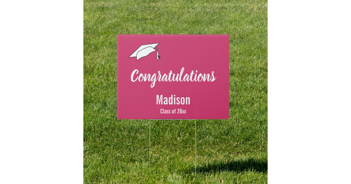 Grad Name Sign Congratulations Magenta White Grad Name Graduation Sign | Zazzle