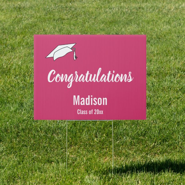 Congratulations Magenta White Grad Name Graduation Sign (Insitu)