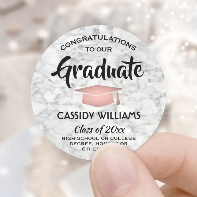 Congratulations Marble & Pink Rose Gold Graduation Classic Round Sticker (Creator Uploaded)