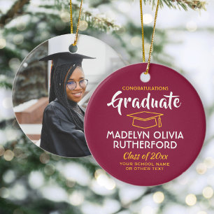 Congratulations Maroon Red & Gold Graduation Photo Ceramic Ornament