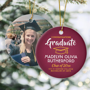 Congratulations Maroon Red & Gold Graduation Photo Ceramic Ornament