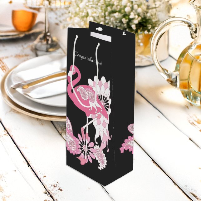 Congratulations! Modern Black Pink Flamingo Wine Gift Bag (Creator Uploaded)